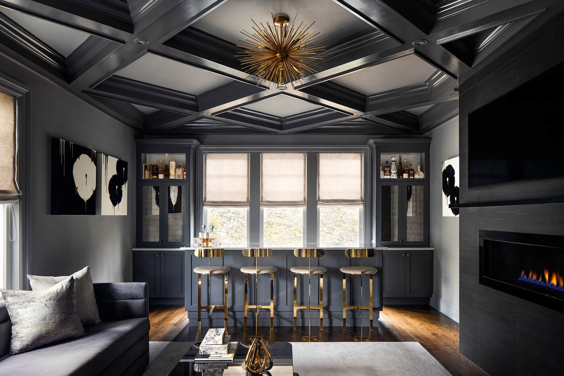 modern living room and bar in Roslyn, NY by interior designer Stacey Marks