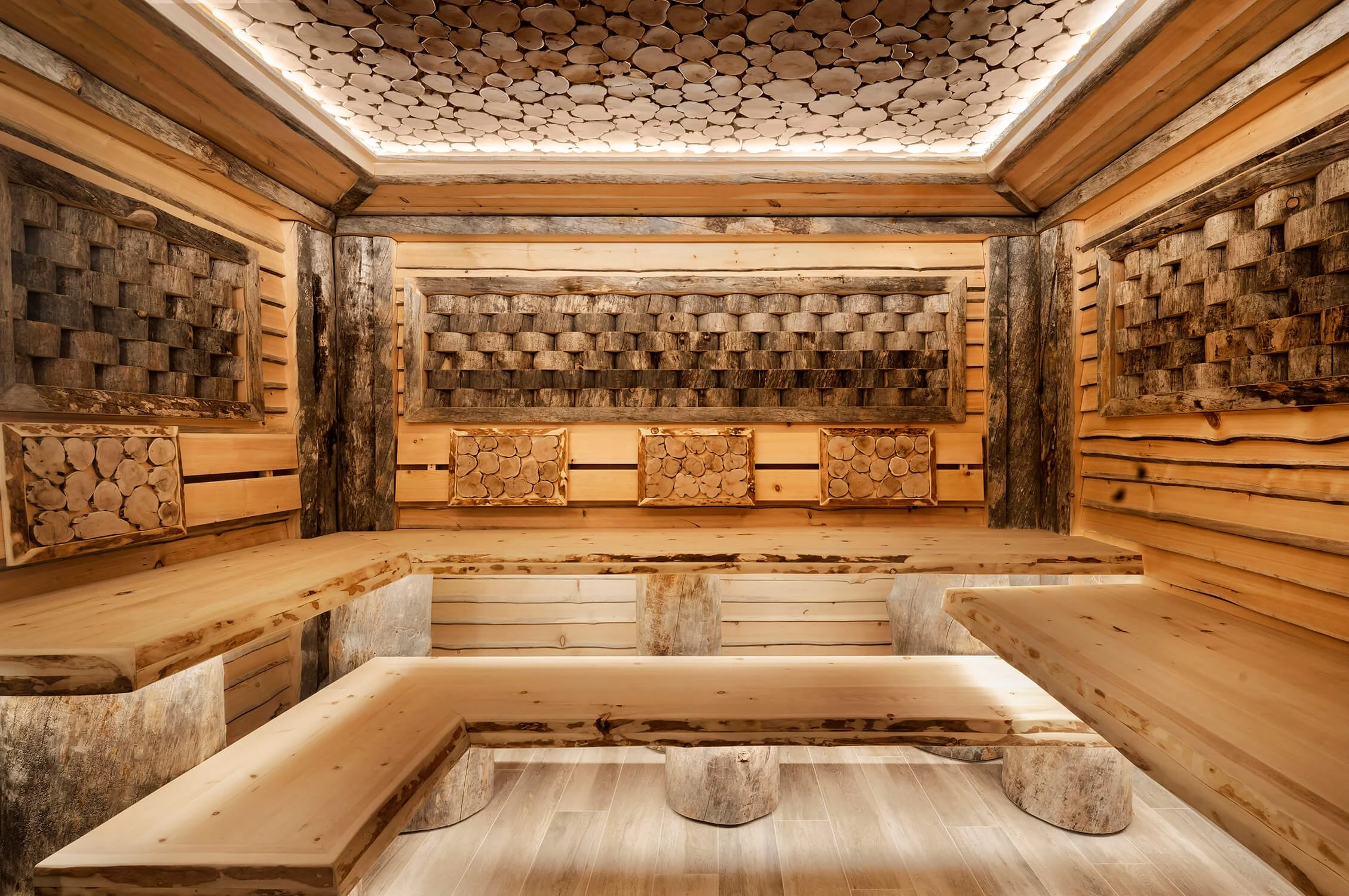 Rustic wood sauna design for spa wellness captured by Long Island Interior Design Photography.