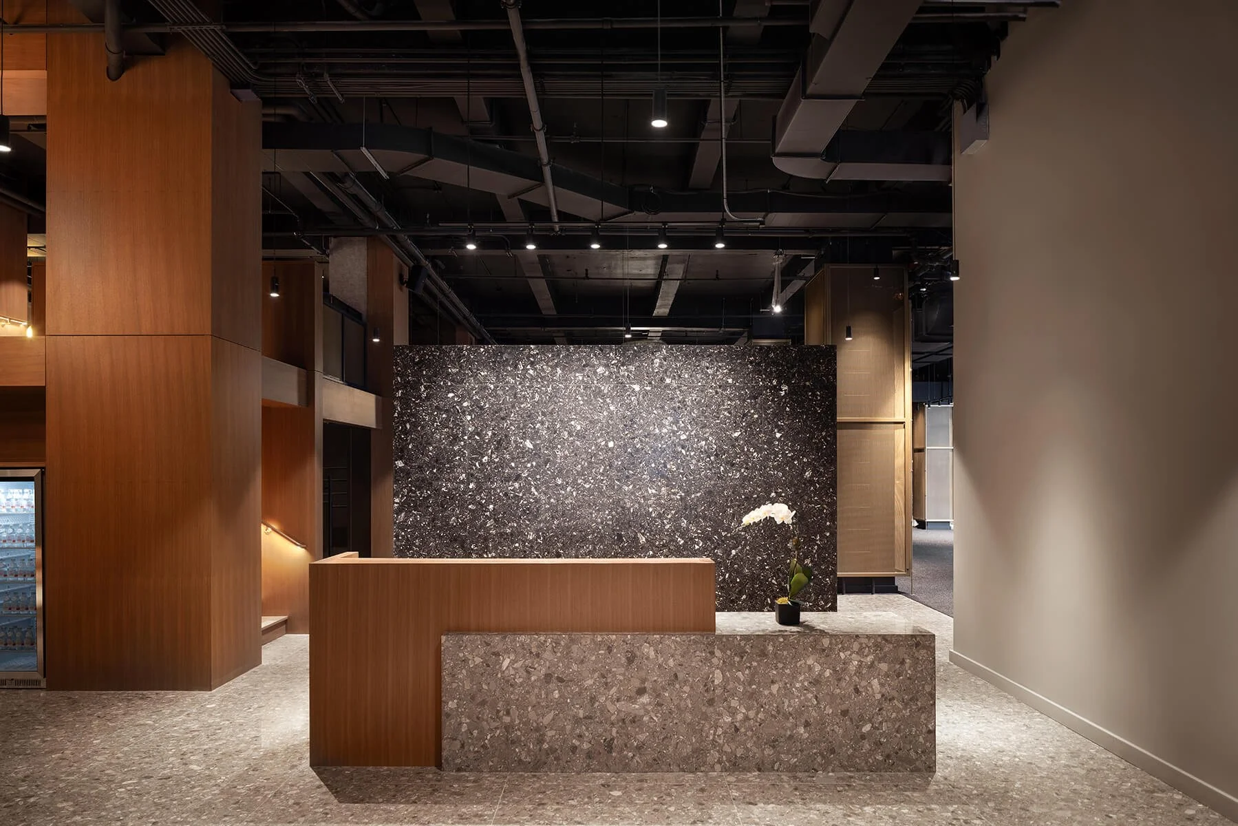 TMPL Fitness Madison Avenue front desk with dark terrazzo wall and warm wood accents