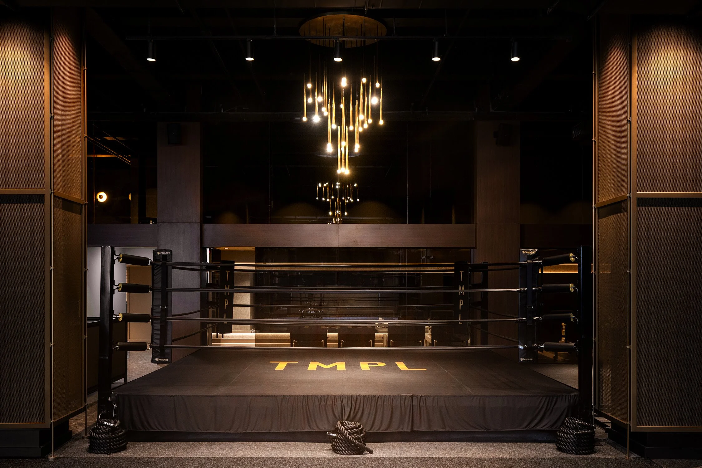 Luxury fitness club boxing ring with gold chandelier, health and wellness interior photography, New York City