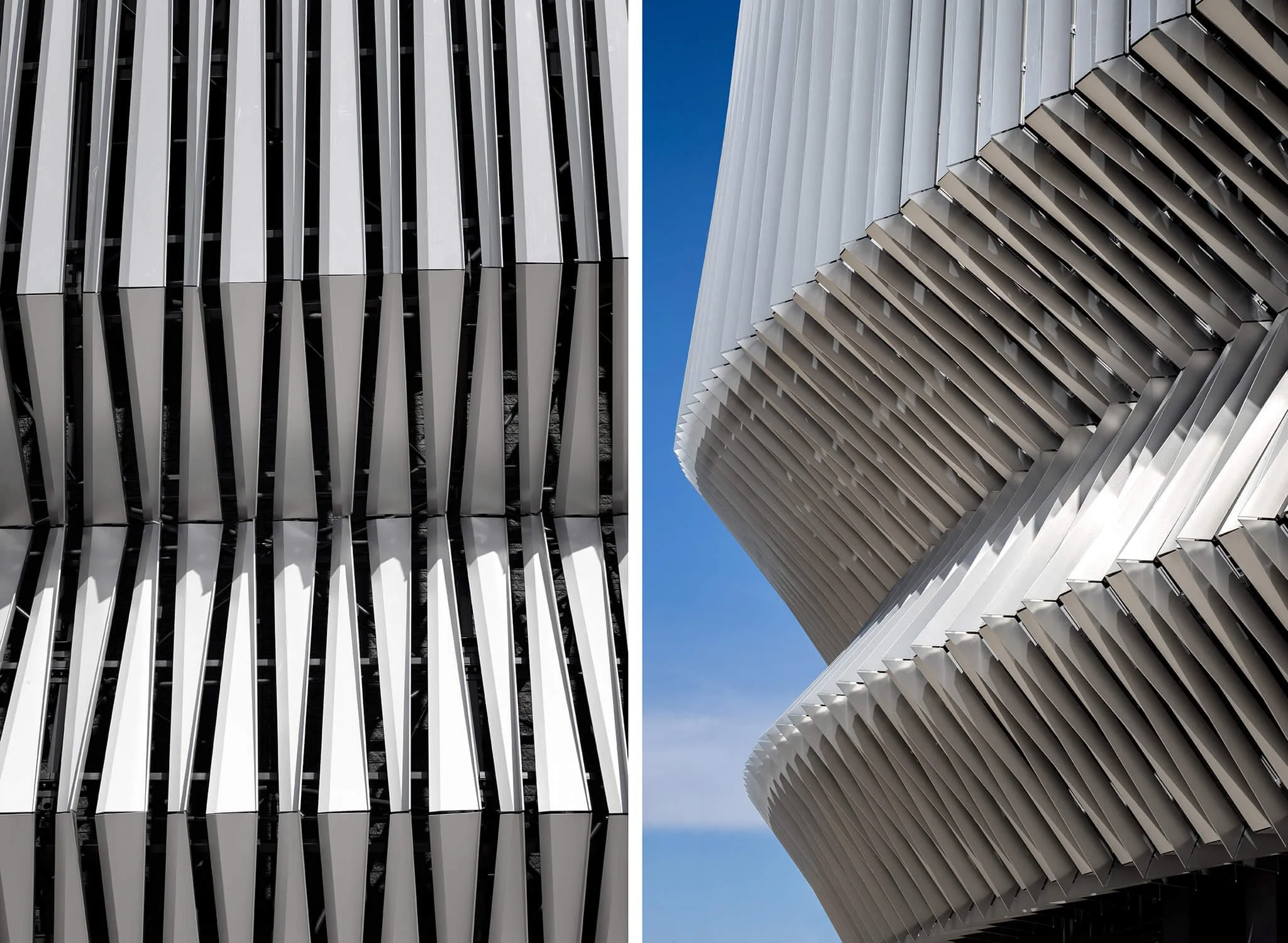 Abstract architectural detail of Nassau Coliseum aluminum fins against blue sky, commercial photography by Brian Berkowitz Photography Long Island