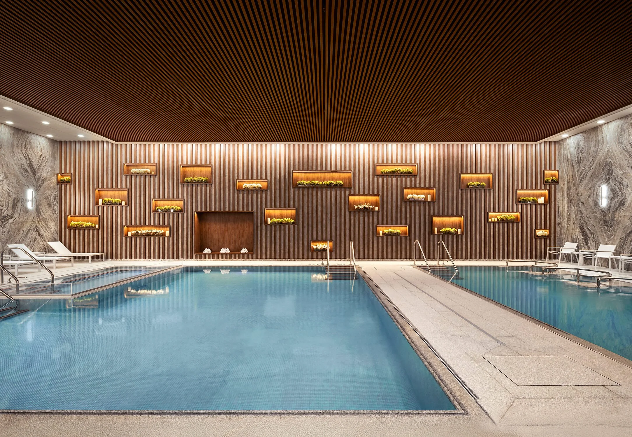 Indoor spa pool with botanical accents and wellness-focused design by Architectural Photographer Long Island.
