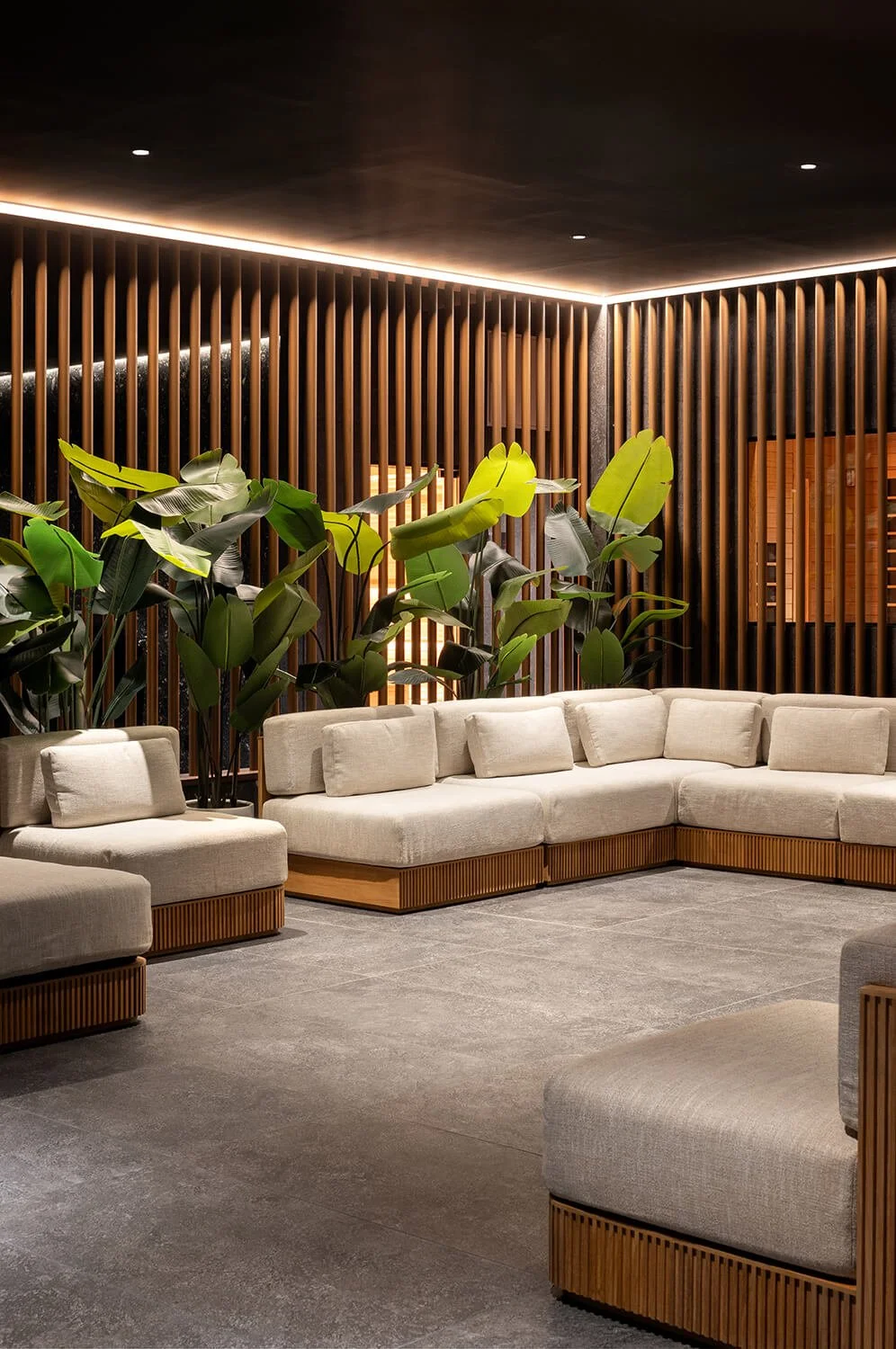 Serene health and wellness lounge with greenery by Brian Berkowitz Photography
