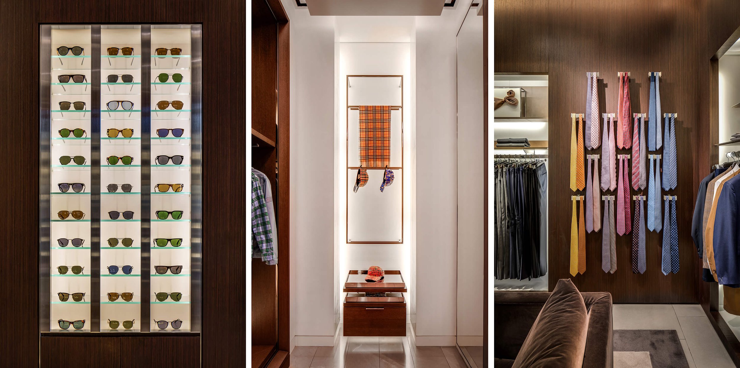 triptych of retail store close ups featuring Zegna, coach and Burberry 