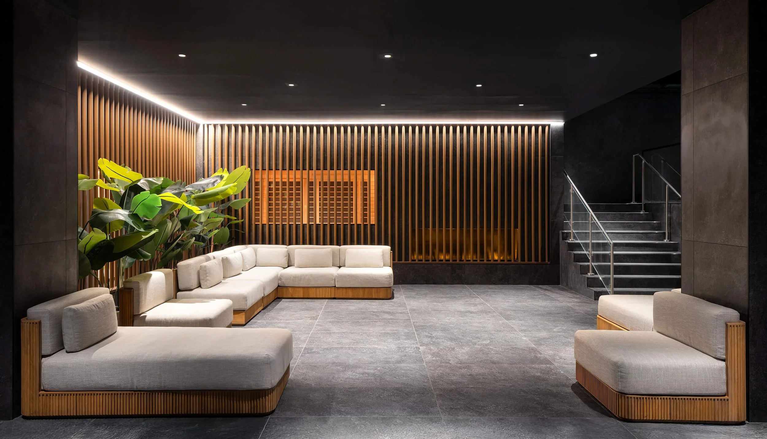 Modern wellness lounge with natural textures, captured by Hospitality Photographer New York City