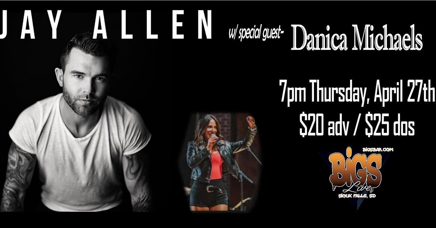 APRIL 27th with @jayallenmusic at @bigs_live!! Grab your tickets! Going to be an amazing show! 🎶🎉

https://www.eventbrite.com/e/jay-allen-w-danica-michaels-at-bigs-bar-live-tickets-590564994797?fbclid=PAAabmlR_jtp_qIBtyxx1_XCv0n3ks8i8qj2gznHLH5hDNS