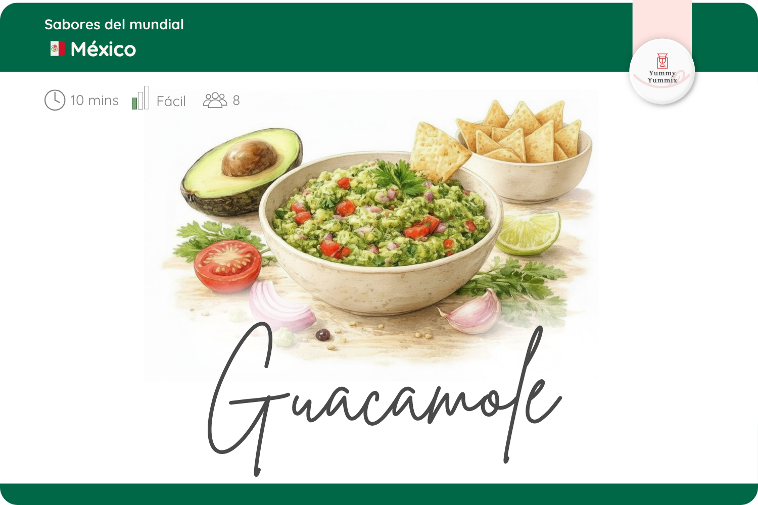 Tarjeta visual con tiempos, porciones, dificultad y tips para preparar guacamole en Thermomix®