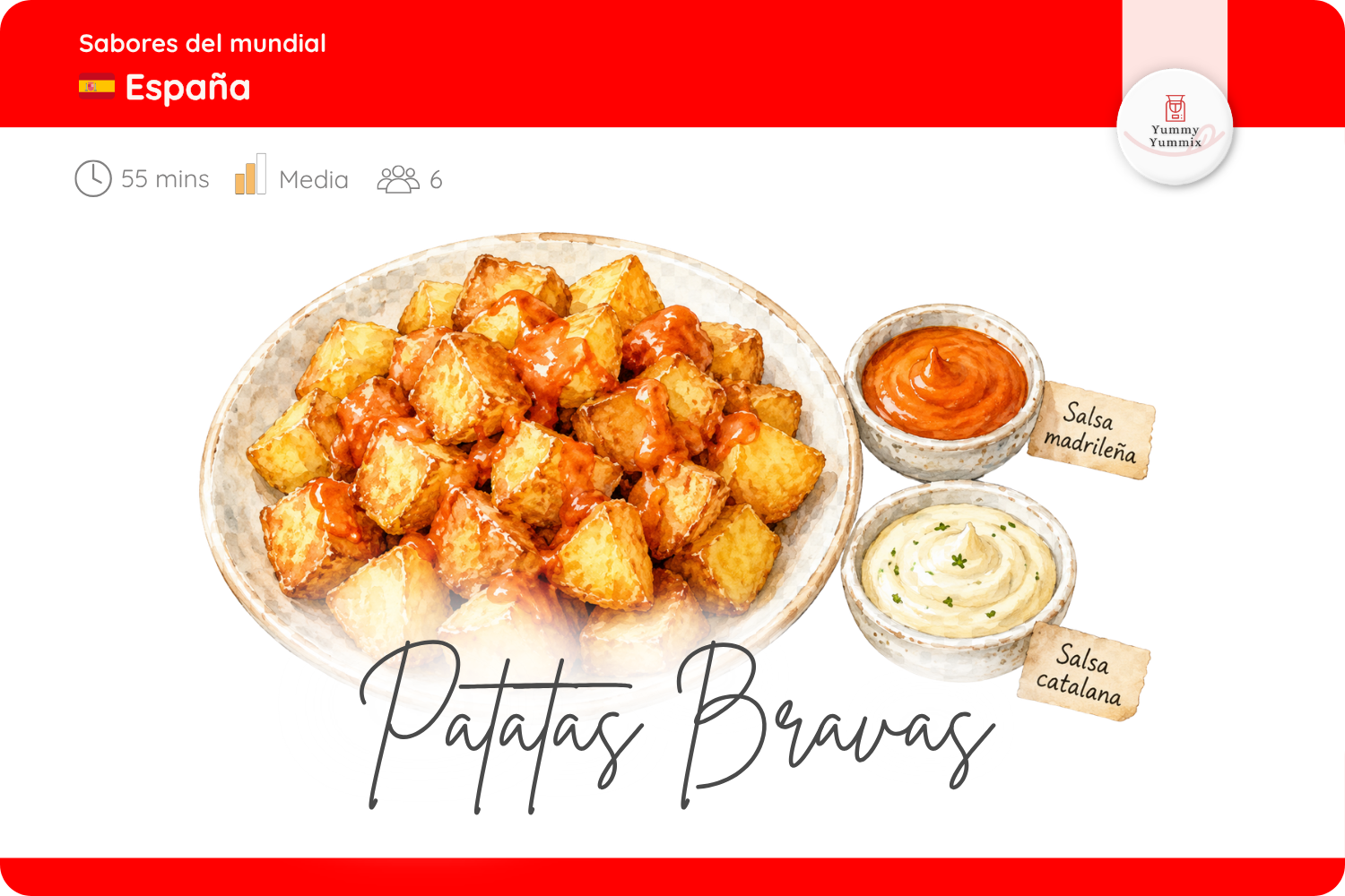Patatas bravas, tiempo de preparación 55 mins, dificultad media, 6 porciones. Receta Thermomix®