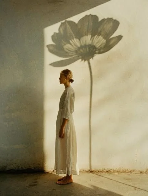 A woman in a flowing white dress standing sideways with a large flower shadow projected on the wall behind her, creating a silhouette illusion.