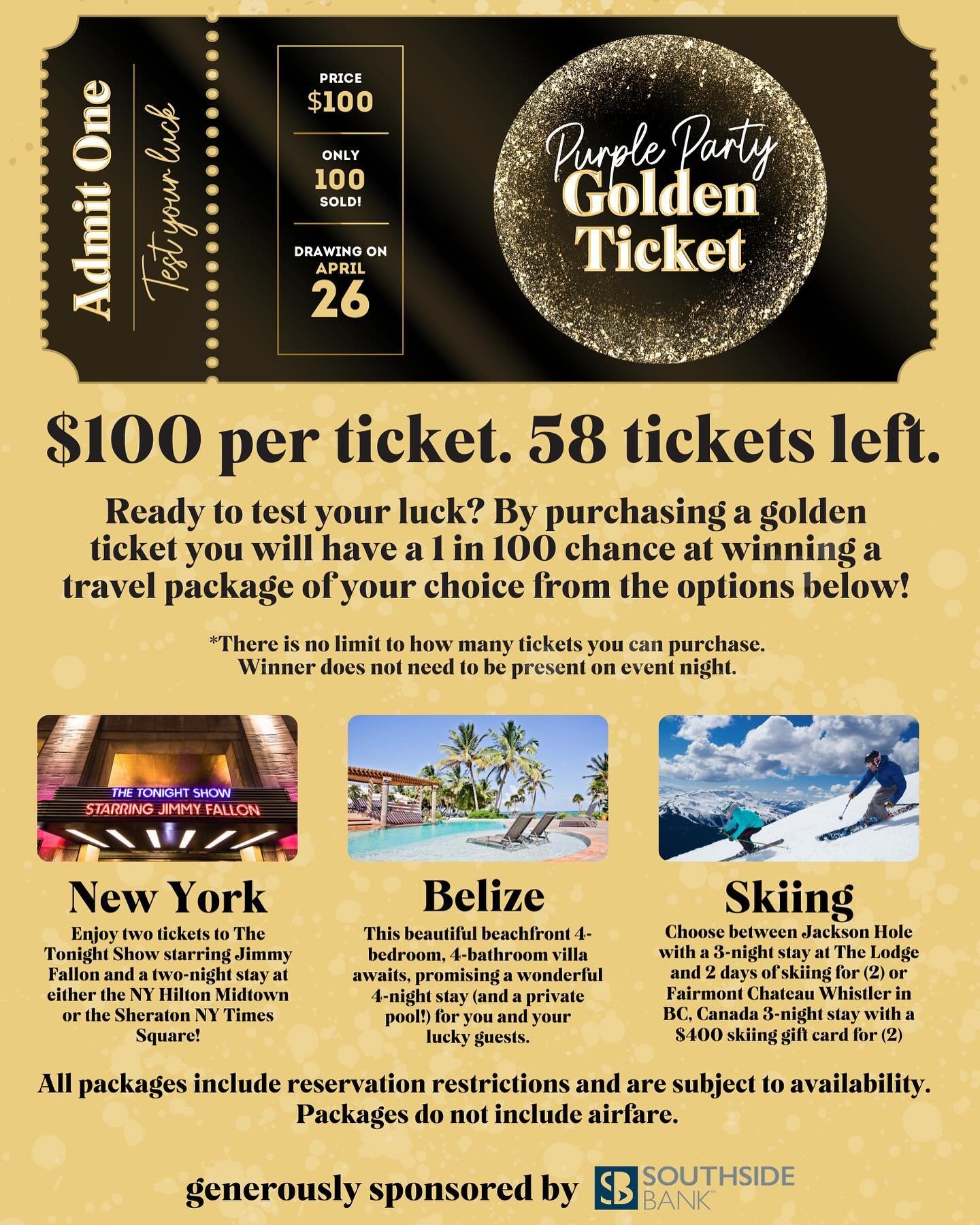 Are you ready to test your luck?! 💰🤞🏻

Golden Ticket gives you a 1 in 100 chance to win the travel package of a lifetime! Tickets are $100 each, and we are only selling 100 tickets.

Head to the link in our bio to get your Golden Ticket!

*All pro