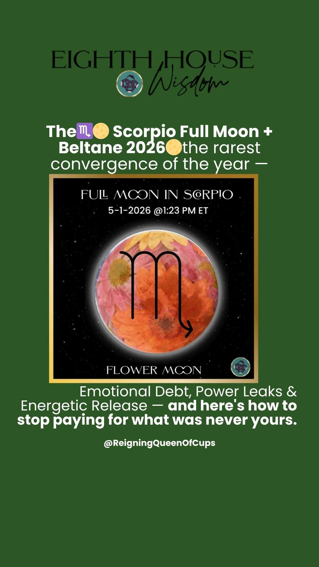 Today the 𝐒𝐜𝐨𝐫𝐩𝐢𝐨 𝐅𝐮𝐥𝐥 𝐌𝐨𝐨𝐧🌕​♏️​ peaks on 𝐁𝐞𝐥𝐭𝐚𝐧𝐞🌸​🔥​ &mdash; and that is not a coincidence.⁣
⁣
Scorpio illuminates emotional debt: the resentments you've swallowed, the dynamics you've maintained out of fear, the creative en