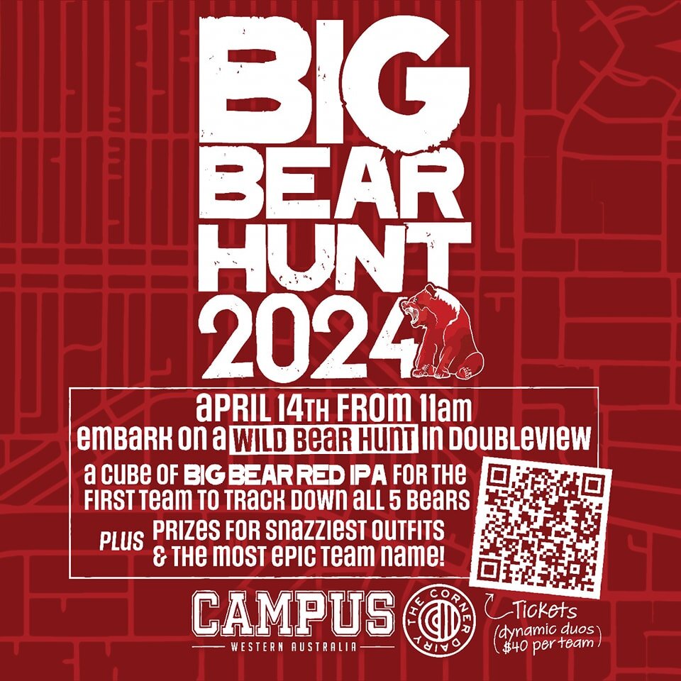 Join us for an epic hunt. 

Bears will be hidden across the wilds of Doubleview, first team of hunters to return with 5 bears will be crowned champion and awarded a case of Big Bear Red IPA. 

Don't worry, we're not sending you out empty handed. You'