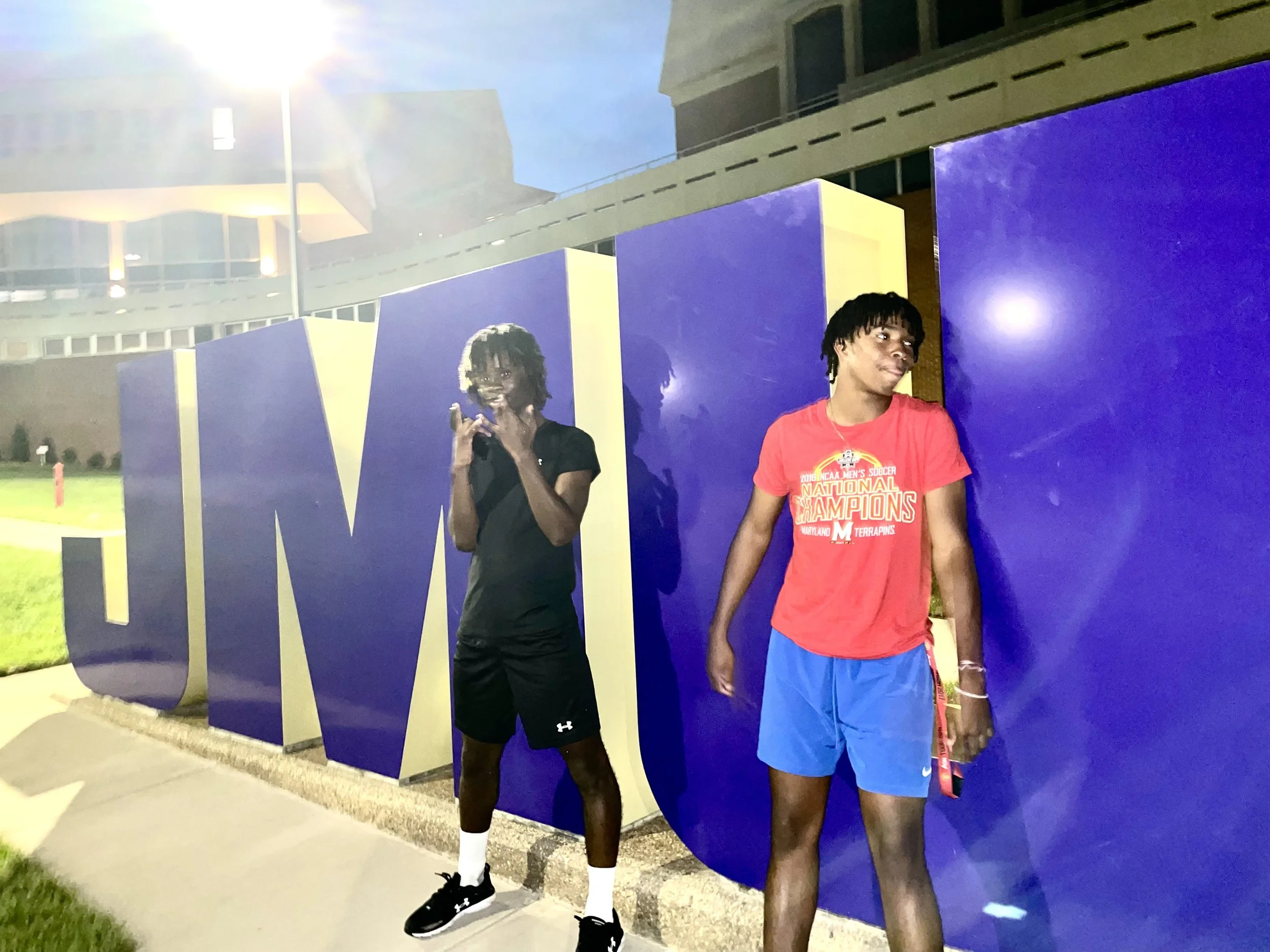 E with his friend Kaden on a visit to James Madison University