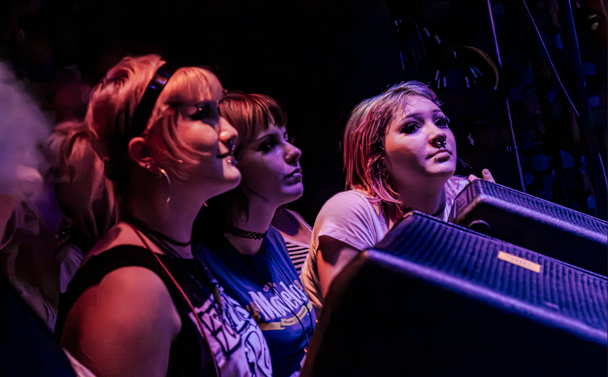 Teen fans at a Bratmobile show. 
Bottom of the Hill, SF. September 2026.