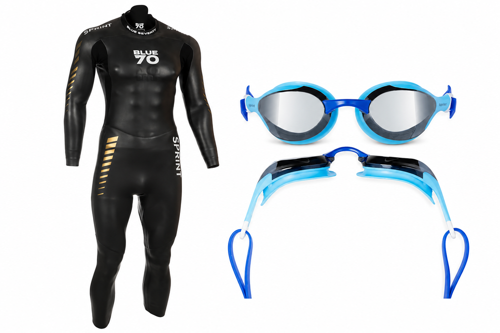 Blue70 wetsuit and goggles bundle