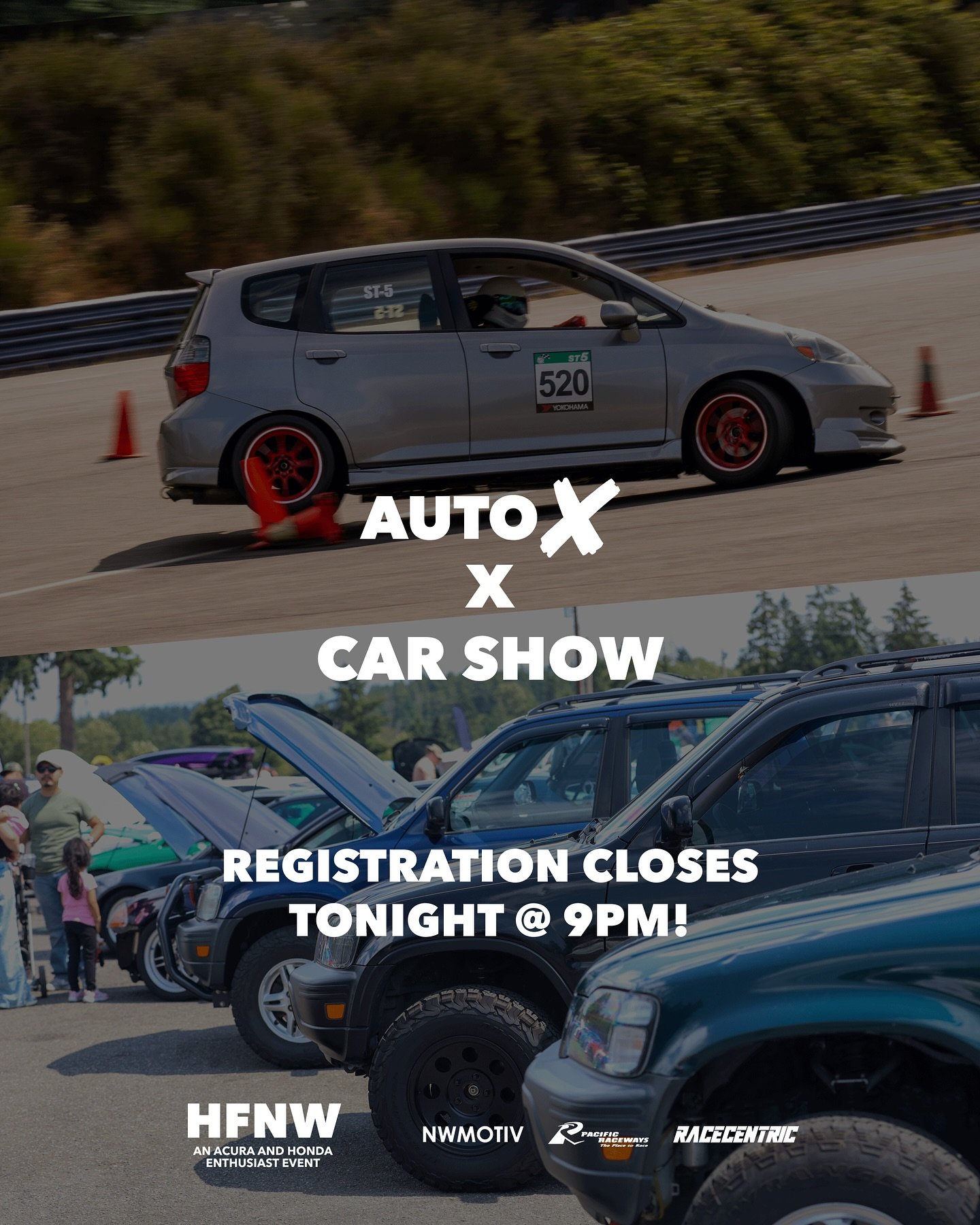 Registration for AutoX and car show close tonight at 9pm! There will be no day of registration! so once it closes, you&rsquo;re out of luck! If you&rsquo;ve been waiting last minute, register now! If your friends have been sluffin&rsquo;, tell them t