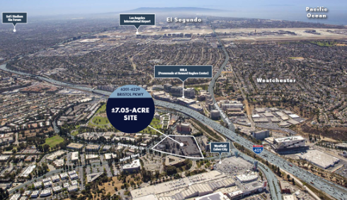 Aerial view of a cityscape featuring a labeled site of 7.05-acre site near Bristol Parkway, with nearby highways 405 and 520, the Los Angeles International Airport, and the Pacific Ocean in the background.