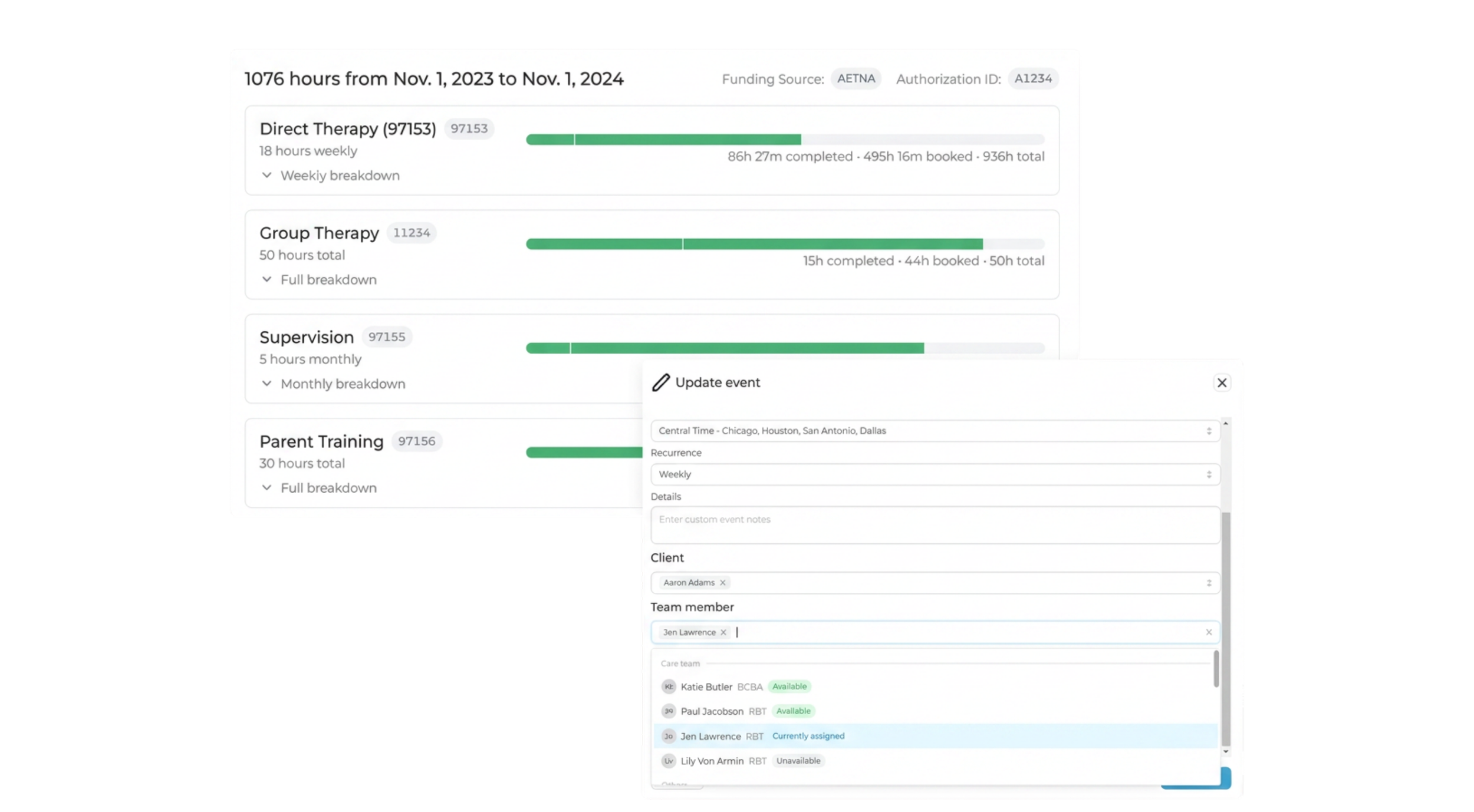 Screenshot of a time-tracking and scheduling interface showing various therapy sessions, including direct therapy, group therapy, supervision, and parent training, with details about hours, scheduling, and team members.