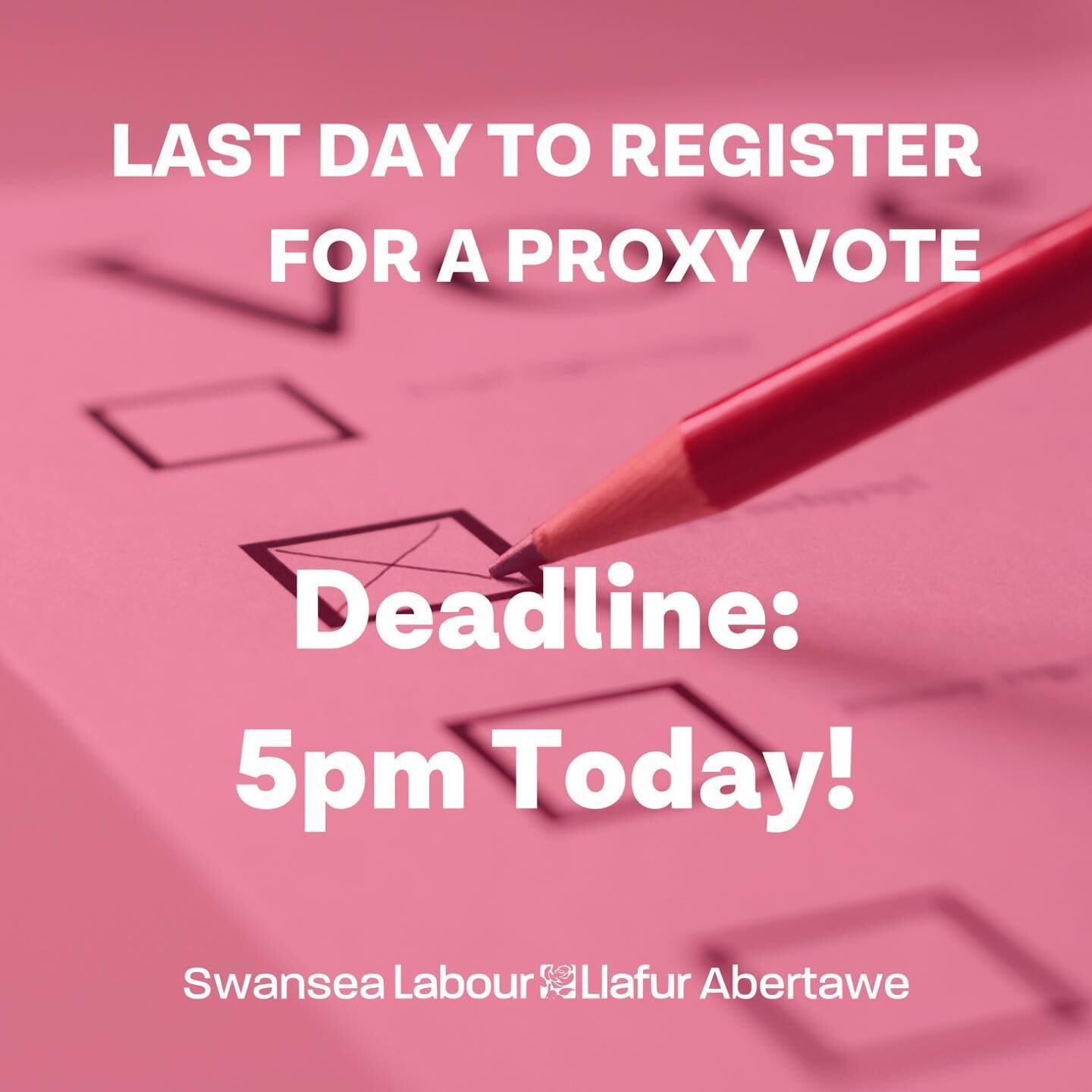 Not going to be here on polling day? Today is the last day to register for a proxy vote! 

You have until 5pm today to sort out your proxy vote. 

Visit www.swansea.gov.uk/article/14257/Voting-by-post-or-by-proxy for more information 

#localelection