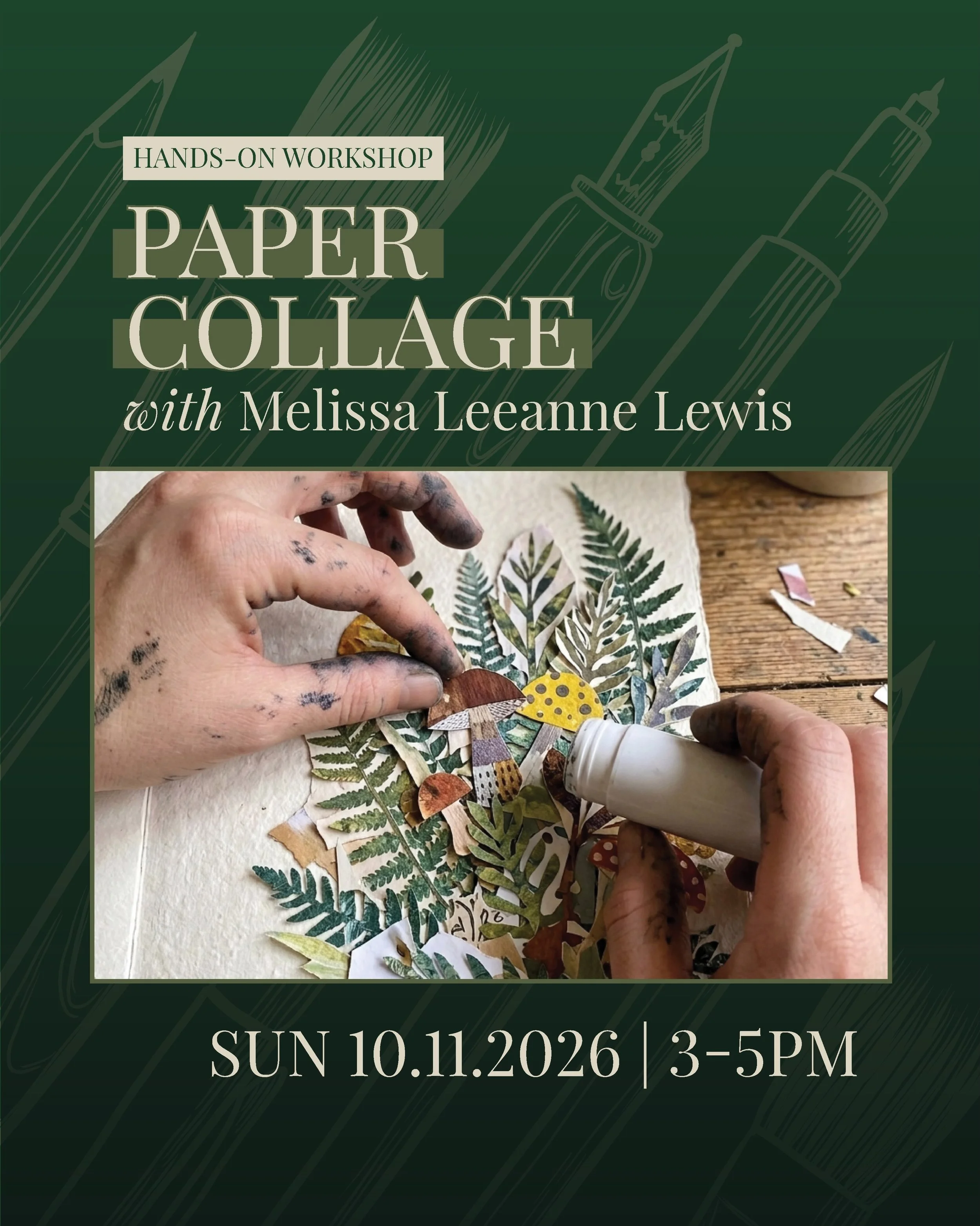 We get to spend a little more time with our October First Friday artist this month! 🍄 
Melissa Leeanne Lewis will be back in the studio on October 11, this time to share some of her process and lead us through a hands-on paper collage workshop. 
We&
