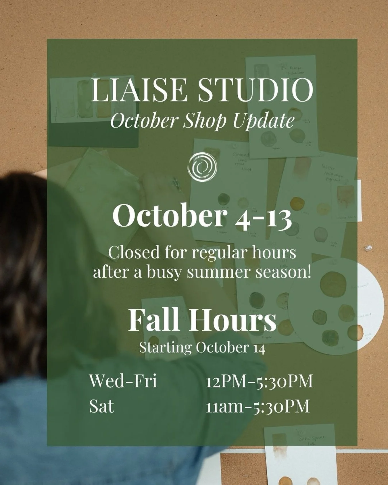 After a very full summer, I&rsquo;m taking some time to slow down, catch up, and reset the studio a bit. Liaise will be closed for regular shop hours October 4&ndash;13, and then we&rsquo;ll be back with our fall hours starting October 14! 🍂🍁

Wed&