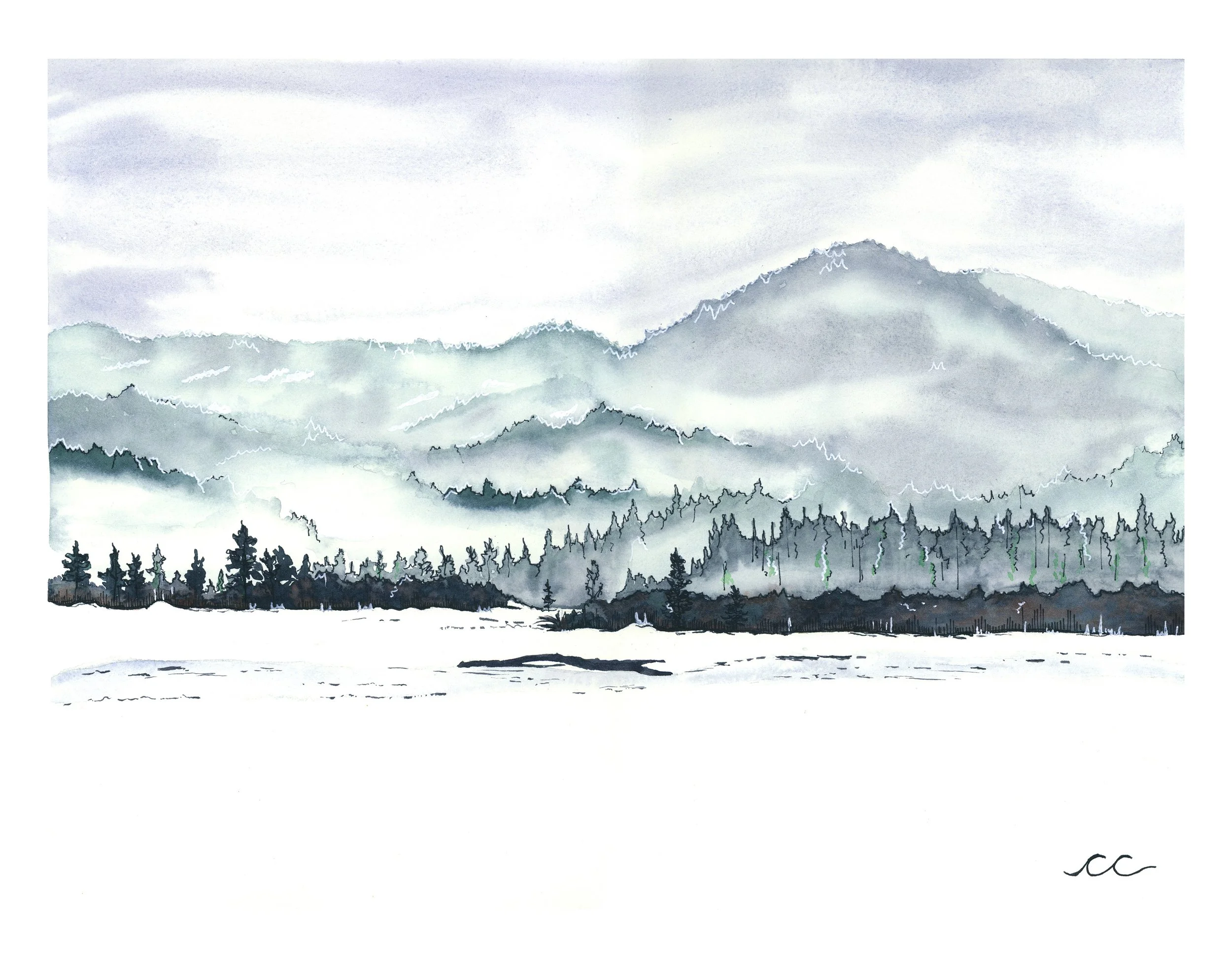 "Windfall Lake in Winter"
Watercolor and pen
2022