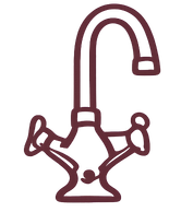 Illustration of a kitchen faucet with a curved spout and two handles