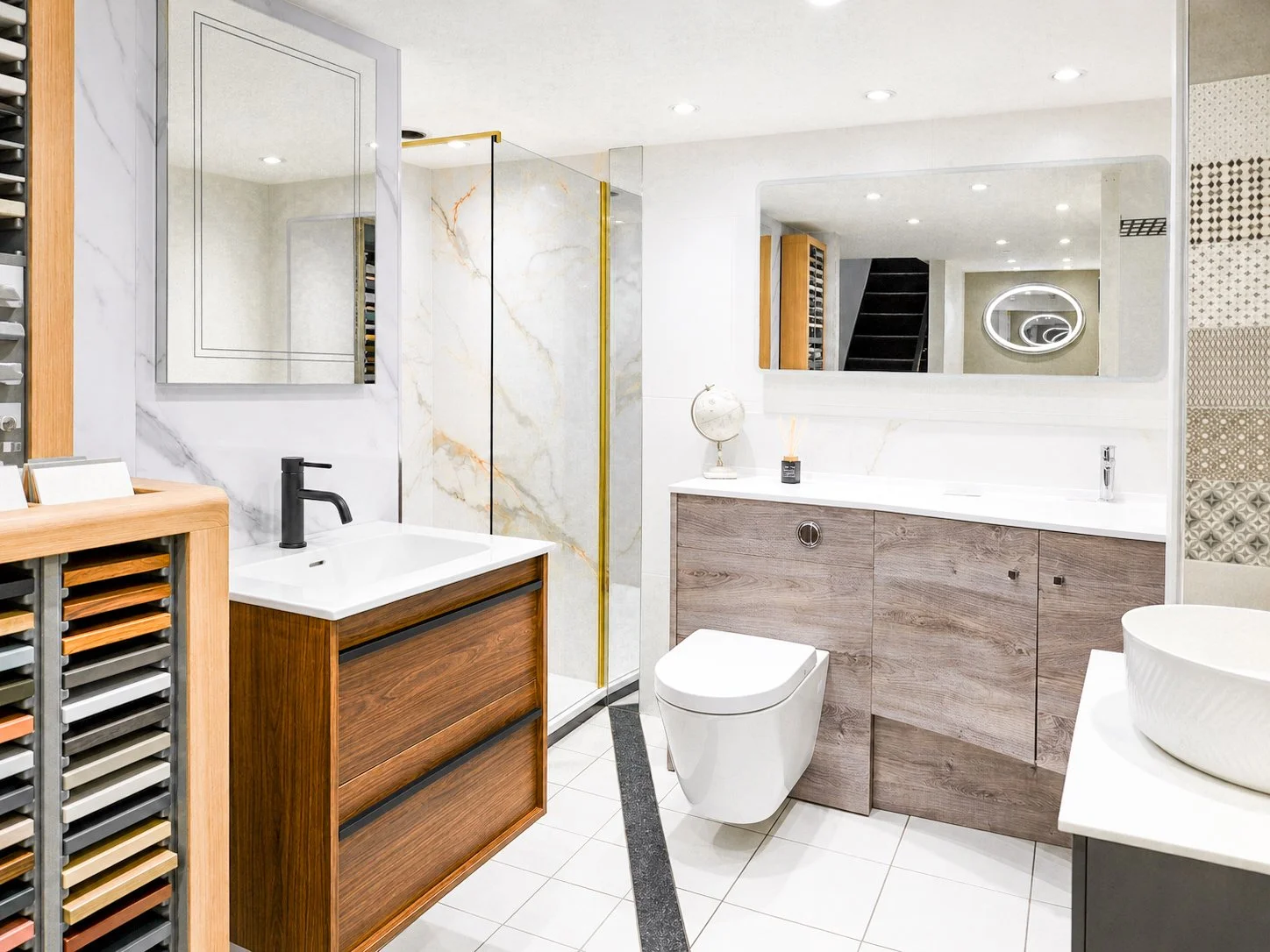 Modern bathroom with wooden and marble accents, a shower with a glass enclosure, a toilet, a large mirror, and a vessel sink.