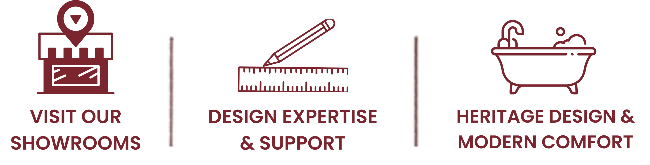 Icons representing showroom visit, design expertise with ruler and pencil, heritage and modern bathroom design, with accompanying text.