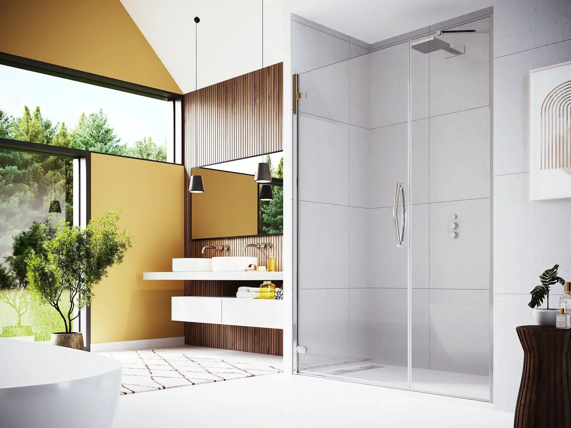 Modern bathroom with large window, yellow wall, white tiled shower, and wooden accents.