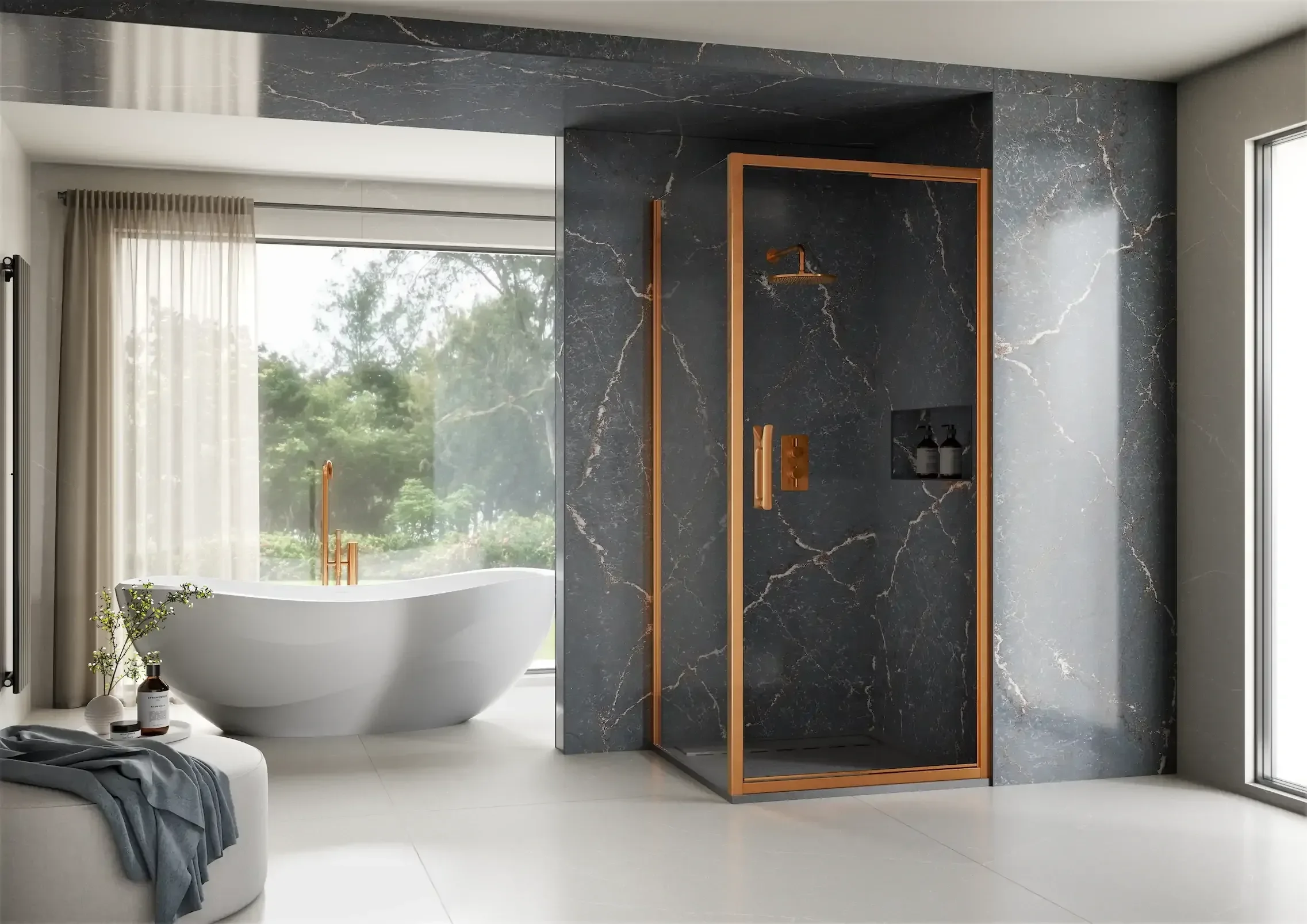 Modern bathroom featuring a freestanding bathtub, black marble shower enclosure with copper trim, large window with beige curtains, and minimal decor. Shower enclosure and shower tray on display at Island Bathrooms Salisbury
