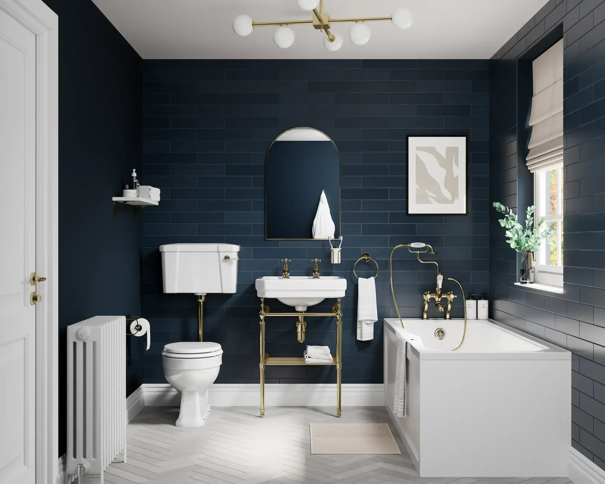 Modern bathroom with dark blue walls, white fixtures, gold accents, and a window with blinds and plants.