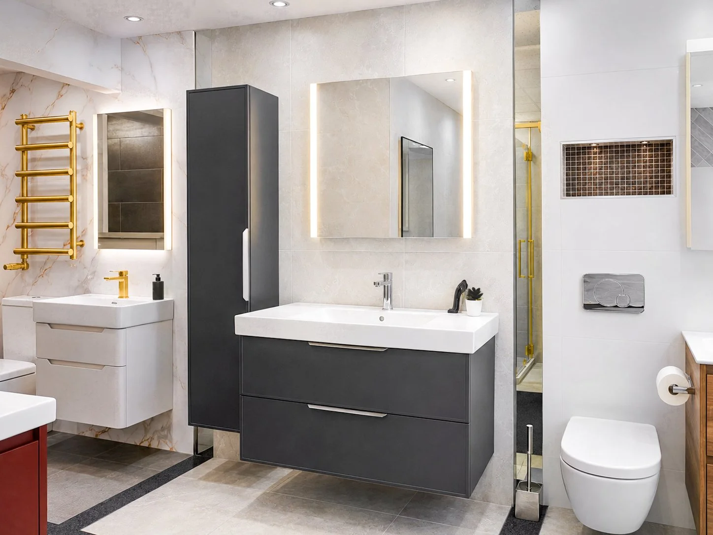 Modern bathroom with black and white vanity, illuminated mirror, gold towel warmer, and walk-in shower with gold fixtures.