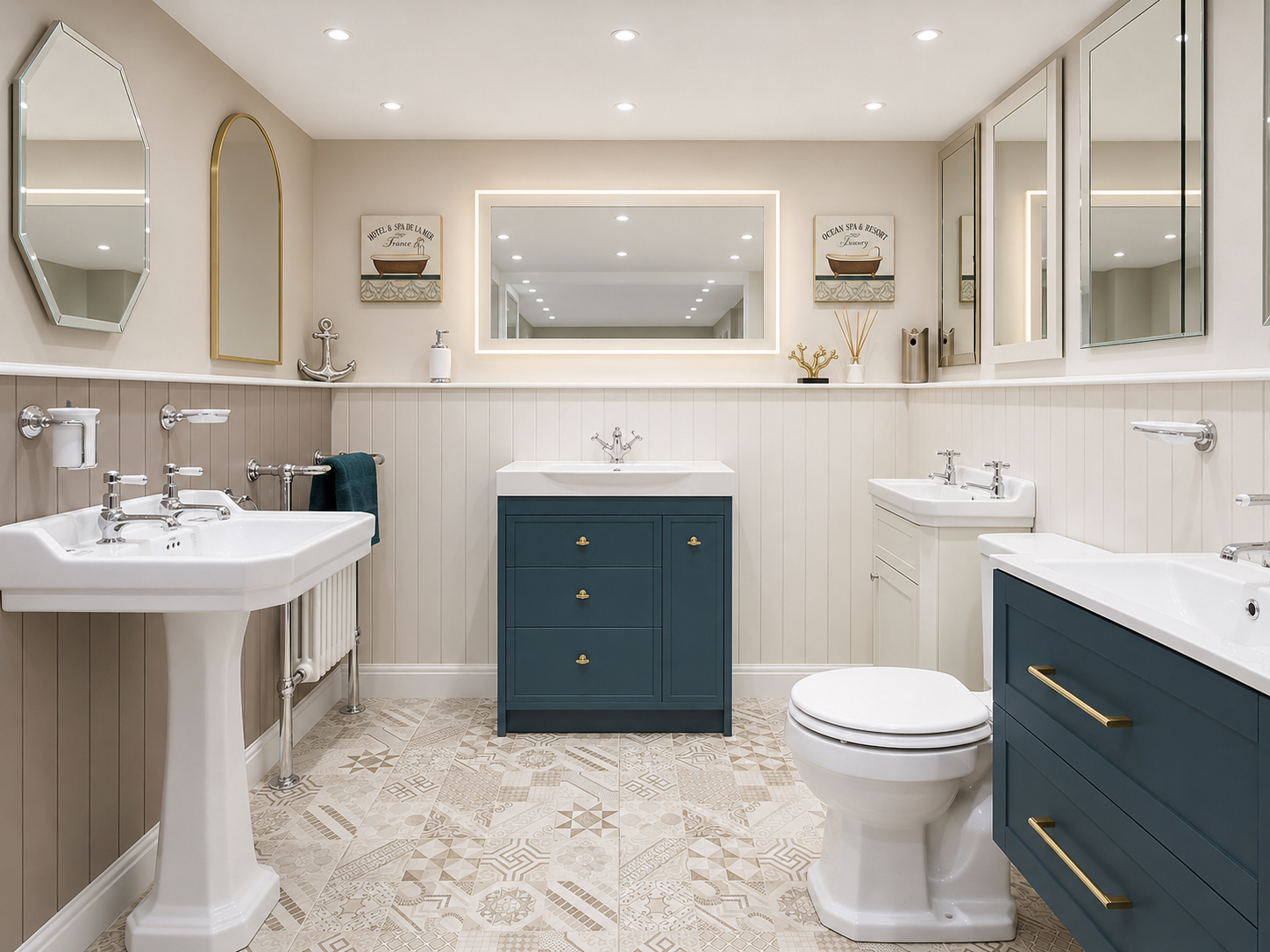 Modern bathroom with white and blue vanity, large mirror, pedestal sink, toilet, bathtubs, decorative wall art, and patterned tile flooring.