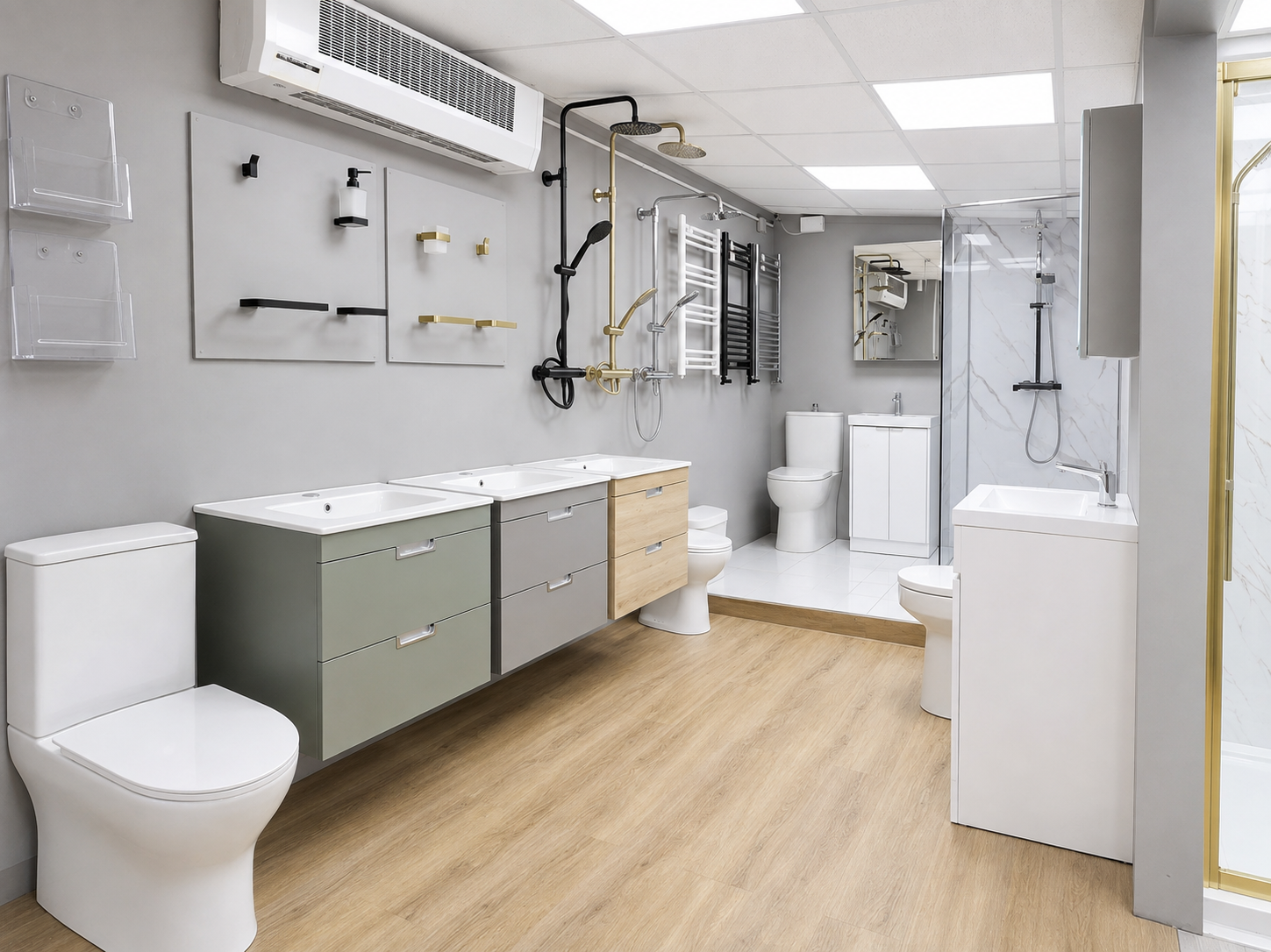 Showroom of bathroom fixtures with toilets, sinks, showerheads, radiators, and faucet displays in a modern retail store.