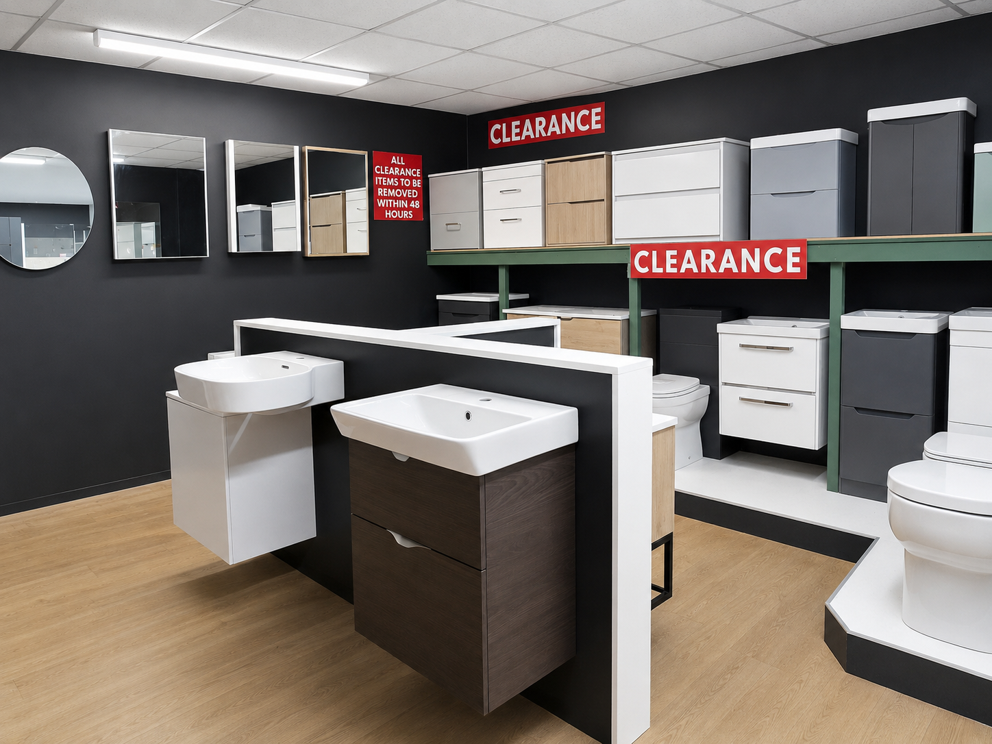 Display of bathroom vanities, sinks, cabinets, and toilets in a store with clearance signs and mirrors on a black wall.