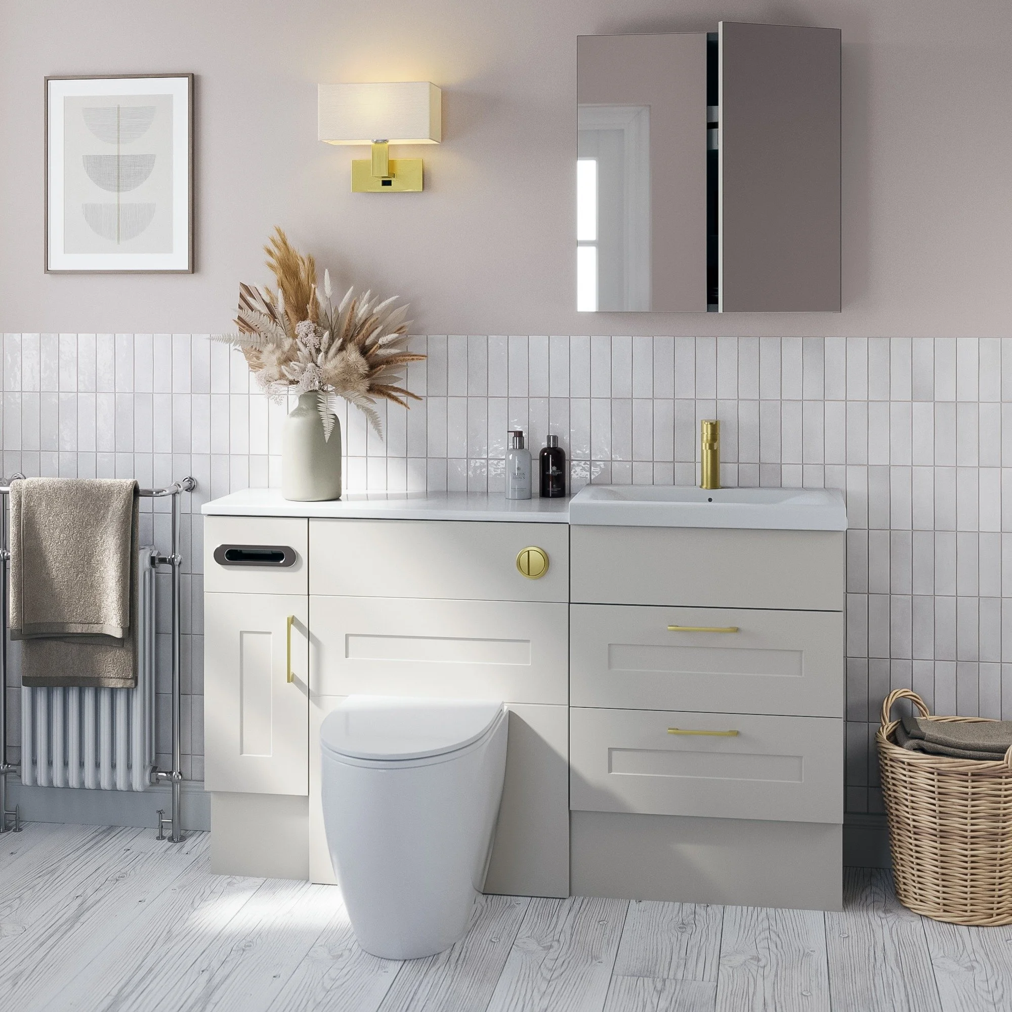 Modern bathroom with white vanity, potted plant, mirrors, and toiletries. Bathroom inspiration at Island Bathrooms Salisbury.