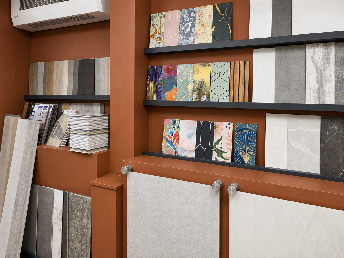 Display wall with various tile samples and color options in a showroom, featuring decorative and plain bathroom tiles arranged on shelves and walls - all available in Salibury, wiltshire.