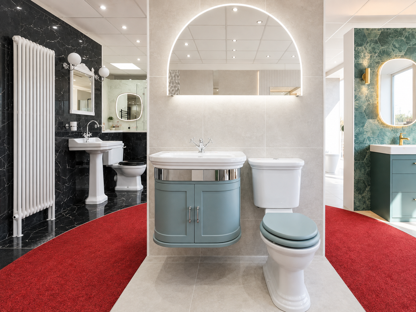 Modern bathroom with a white toilet, a vintage style sink, and a large mirror with LED lighting. The bathroom features beige tiles, and the surrounding area has black marble and teal decorative walls with a mirror, all on a red carpeted floor.