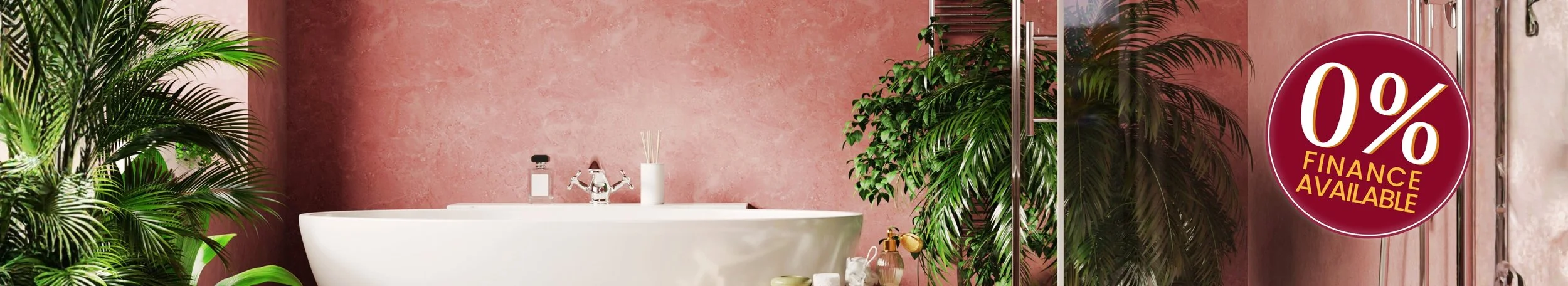 A bathroom with pink textured walls, a white bathtub, and numerous green leafy plants. There is a red circle with white and yellow text in the upper right corner stating '0% Finance Available.'