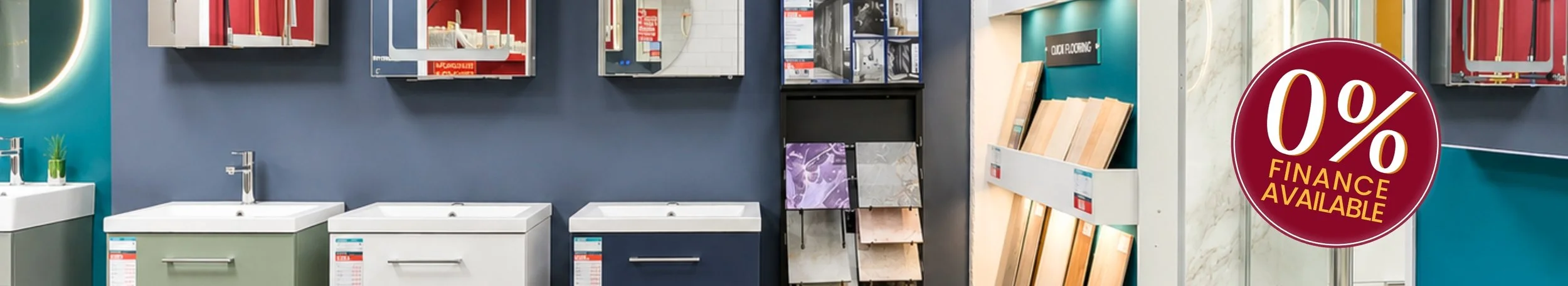 Interior of a home improvement store display featuring bathroom vanities and tiles, with a red circular sign indicating 0% financing available.