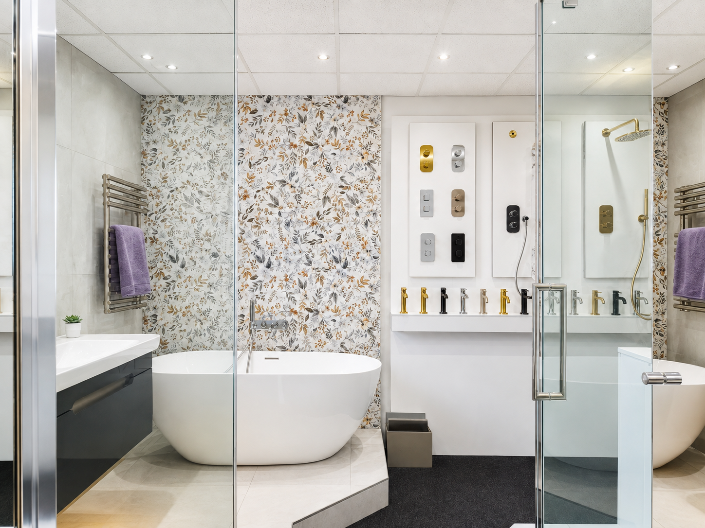 Modern bathroom with freestanding bathtub, floral accent wall, and display of various faucets in different finishes.