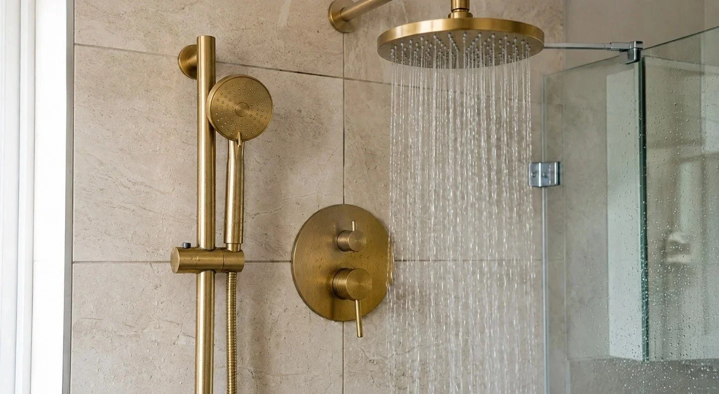 Brass shower with overhead rain showerhead and handheld shower, on tiled wall, with glass shower door. available at Island Bathrooms Bournemouth