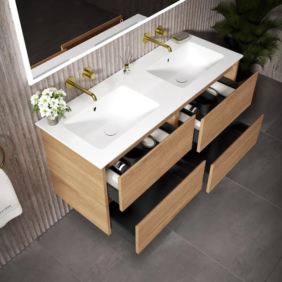 Stylish wood look double vanity unit with countertop basins and wall mirrors. Modern bathroom collection available from Island Bathrooms in Dorset and Wiltshire