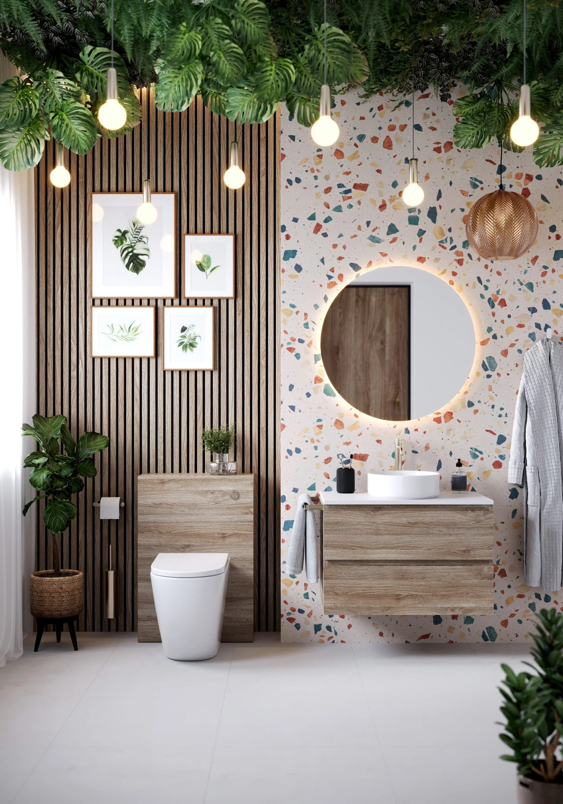 Modern bathroom, circular mirror with backlight, floating wooden vanity unit, black soap dispensers, hanging pendant lights,  toilet. Beautiful bathroom set up -  Items available in Island Bathrooms showrooms in Dorset and Wiltshire