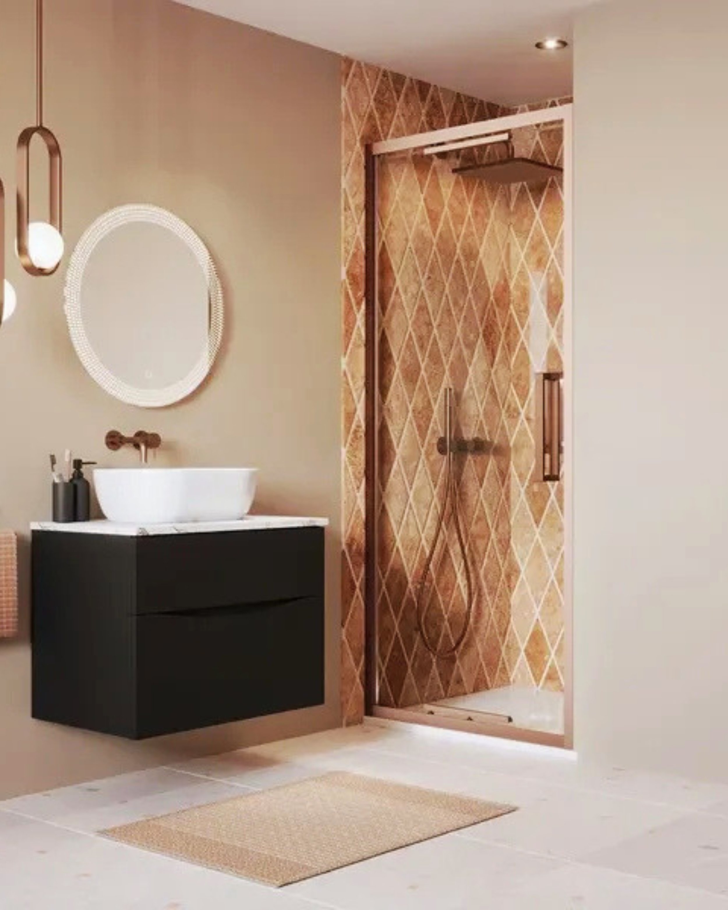 A modern bathroom with a round mirror, a wall-mounted black vanity with a white vessel sink, and a beige rug on light-colored flooring. There is a geometric-patterned tile wall in the shower area with wooden accents and a glass door.