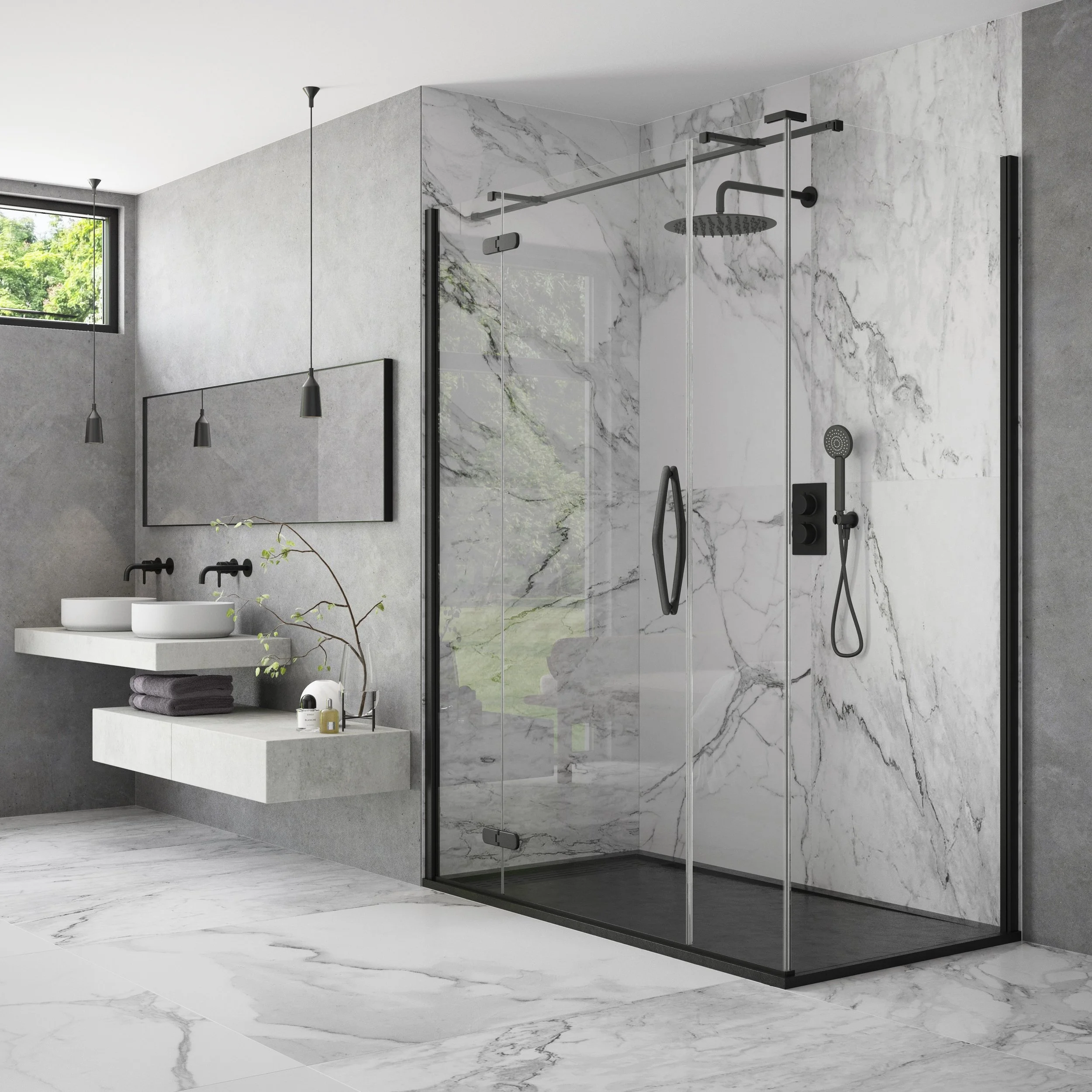 Modern bathroom with white marble shower enclosure, black fixtures, and a double sink vanity with white vessel sinks. Walk in shower enclosure on display at Island Bathrooms Bournemouth