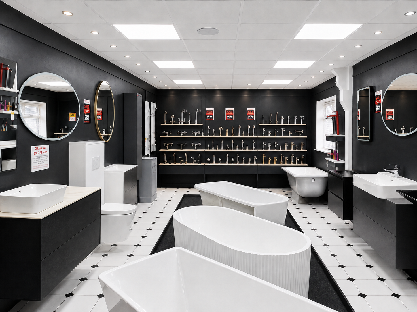 Showroom displaying various bathroom fixtures including bathtubs, sinks, and faucets on black walls with white floors.