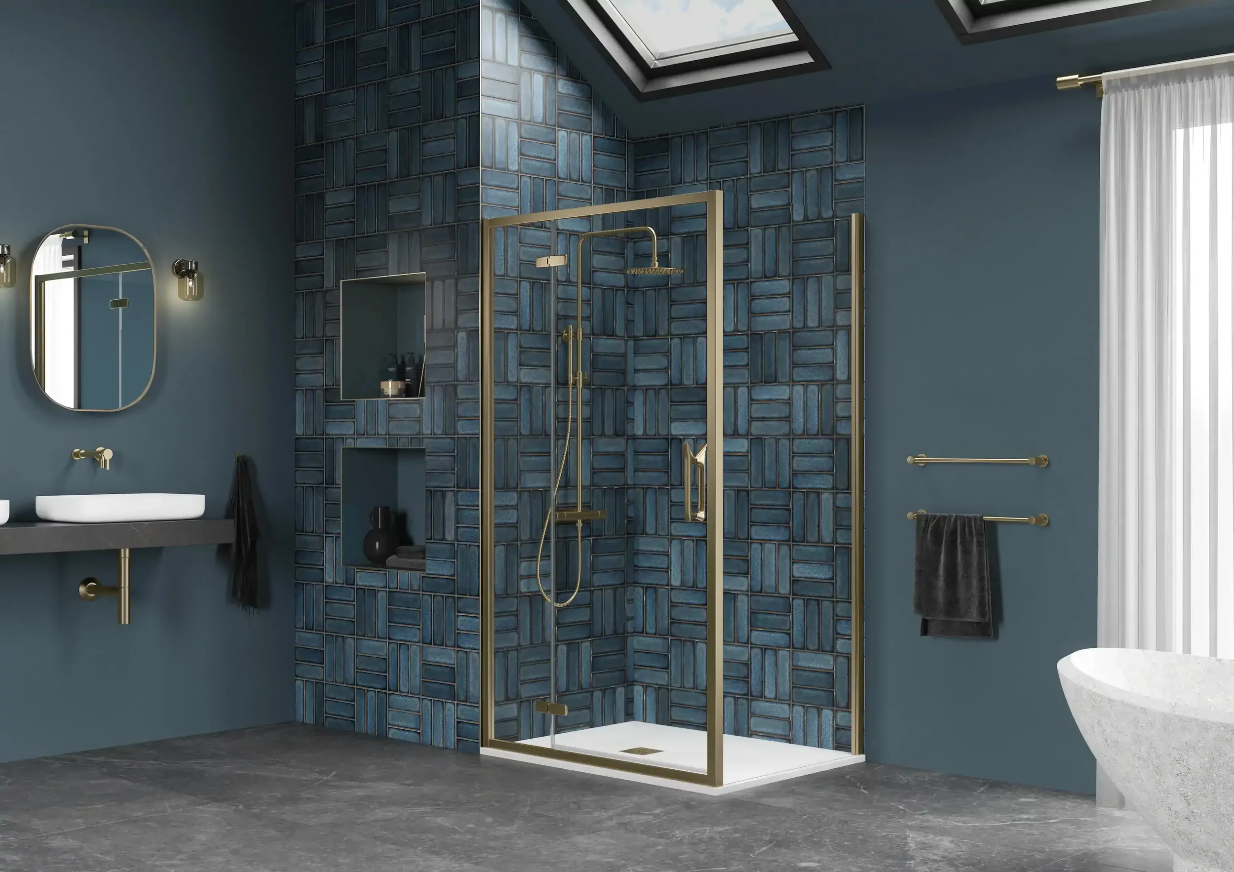 Modern shower with statement blue wall tiles on display at Island Bathrooms