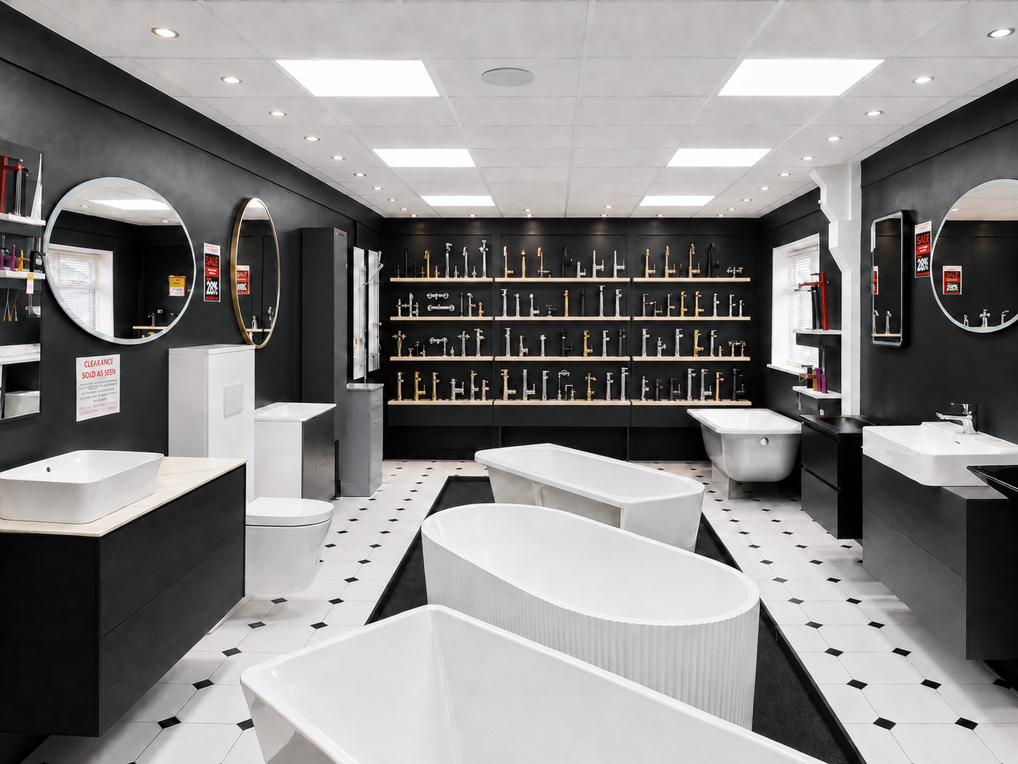 Bathroom showroom with black walls, white tiles with black accents, and various modern sinks, faucets, and mirrors displayed at clearance prices.